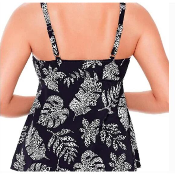 Swim Solutions Spotted Leaves Underwire V-Neck Tankini Swim Top Black 8 NWT - Picture 3 of 6